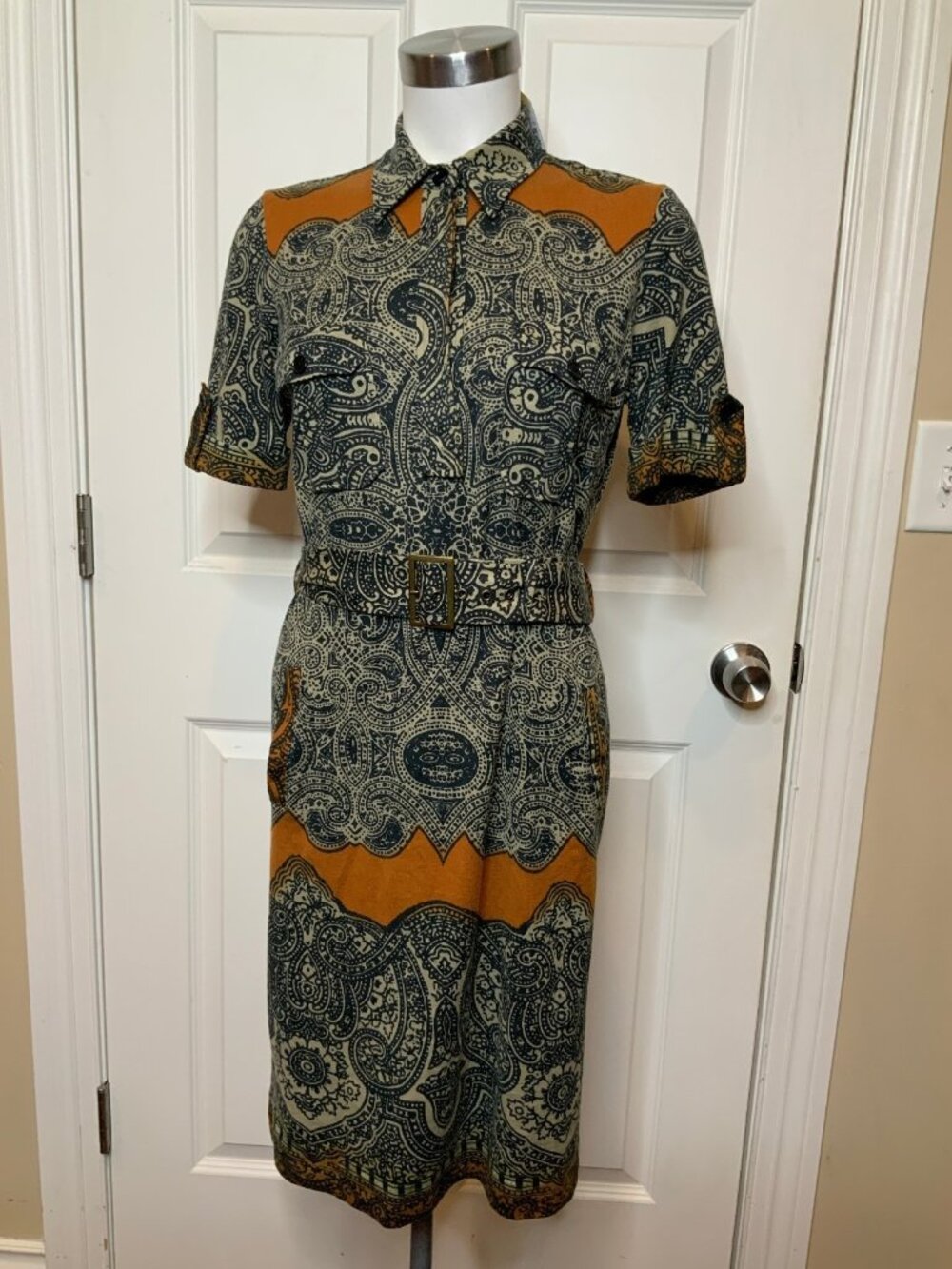 Etro Orange, Black & Tan Paisley Print Belted Collared Shirt Dress, Size 46 | 10